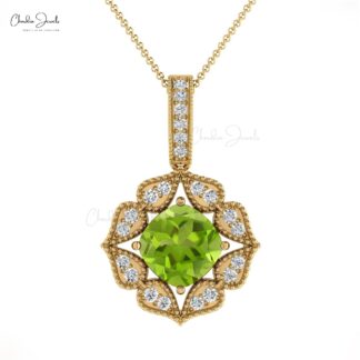 Art Deco Unique Pendant In 14k Real Gold Peridot 6mm Gemstone And Diamond Halo Pendant