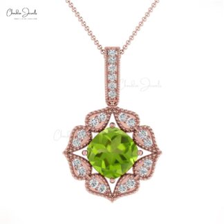 Art Deco Unique Pendant In 14k Real Gold Peridot 6mm Gemstone And Diamond Halo Pendant