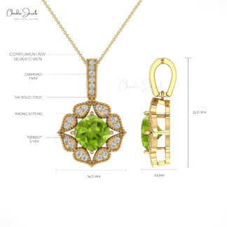 Art Deco Unique Pendant In 14k Real Gold Peridot 6mm Gemstone And Diamond Halo Pendant