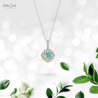 Art Deco Inspired Pendant In Solid 14k Gold Opal And Diamond Halo Women Necklaces