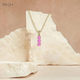 Solid 14k Gold 3 Stone Pendant With 4mm Pink Sapphire And G-H Diamond Fine Jewelry