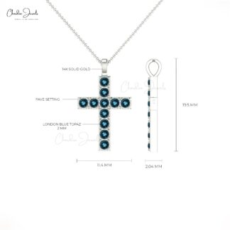 Solid 14k Gold Cross Pendant With 2mm London Blue Topaz Baptism Religious Necklaces