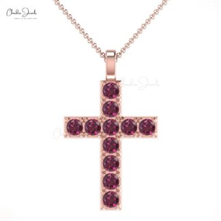 Pure 14k Gold Religious Pendant With 2mm Rhodolite Garnet Minimalist Cross Necklace