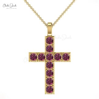 Pure 14k Gold Religious Pendant With 2mm Rhodolite Garnet Minimalist Cross Necklace