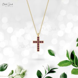 Pure 14k Gold Religious Pendant With 2mm Rhodolite Garnet Minimalist Cross Necklace