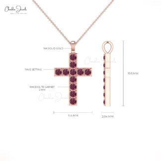 Pure 14k Gold Religious Pendant With 2mm Rhodolite Garnet Minimalist Cross Necklace