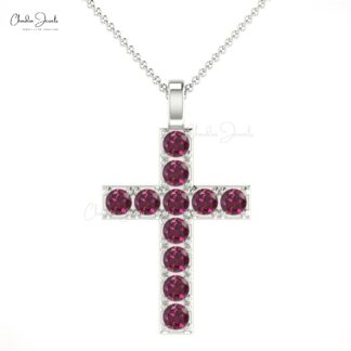 Pure 14k Gold Religious Pendant With 2mm Rhodolite Garnet Minimalist Cross Necklace