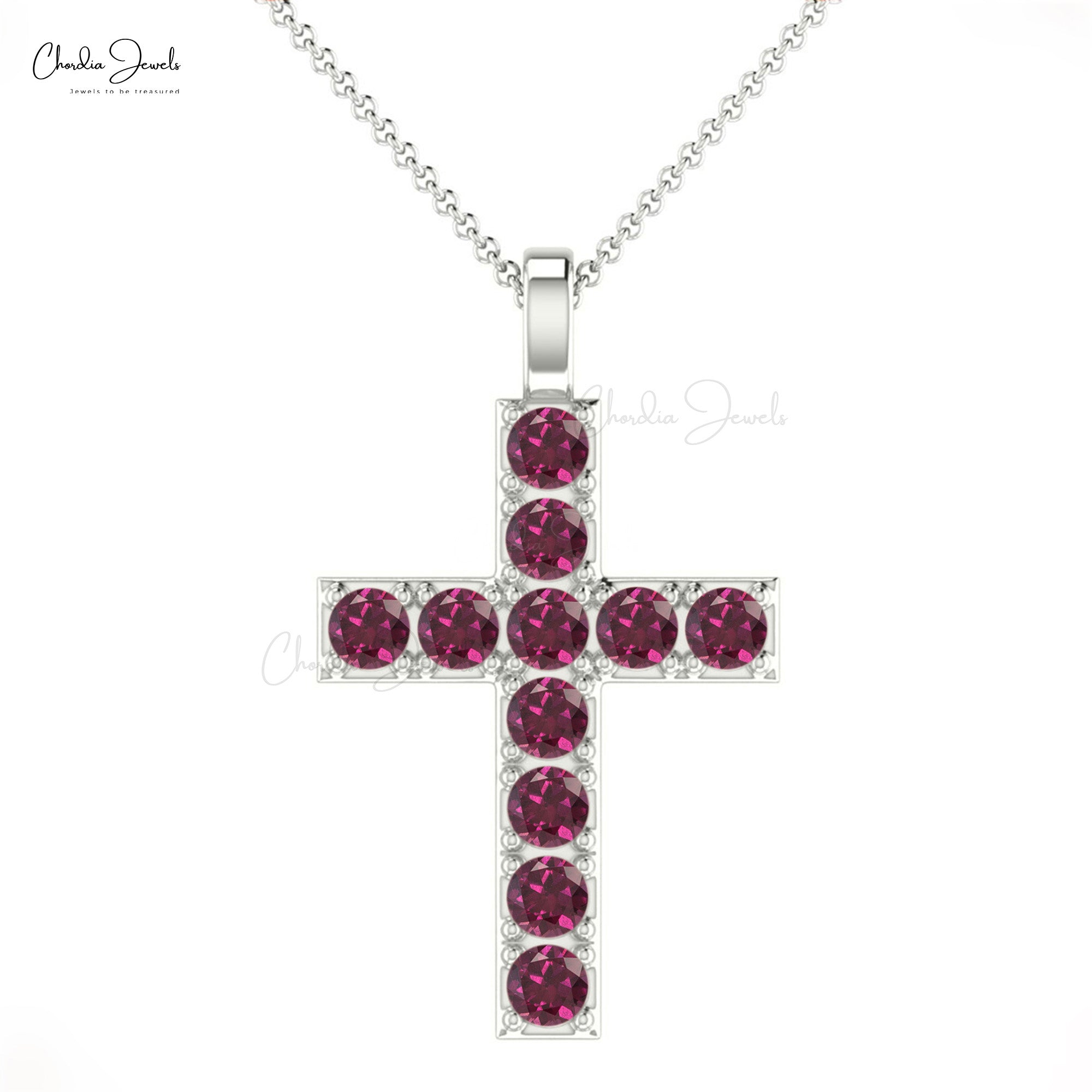 Pure 14k Gold Religious Pendant With 2mm Rhodolite Garnet Minimalist Cross Necklace