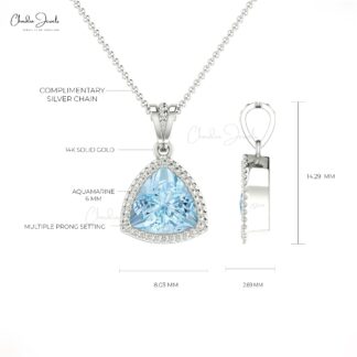 Solitaire Women Pendant in 14k Solid Gold Aquamarine 6mm Gemstone Dangle Pendants