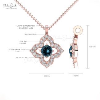 Dual Birthstone Flower Pendant In Solid 14k Gold London Blue Topaz Diamond Necklace