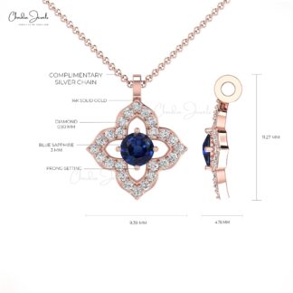 Flower Style Diamond Pendant In Real 14k Gold Blue Sapphire September Birthstone Jewelry