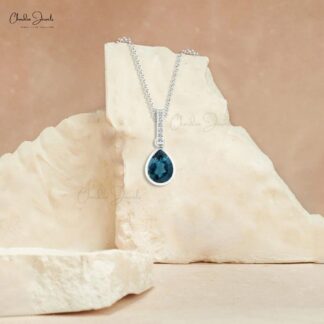 Solid 14k Gold Dangling Pendant with 0.95 Ct London Blue Topaz And Diamond Drop Pendant