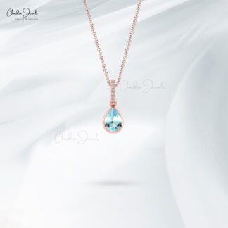 Dangle Tear Drop Charm in 14k Solid Gold Aquamarine And Diamond Bar Hallmarked Pendant