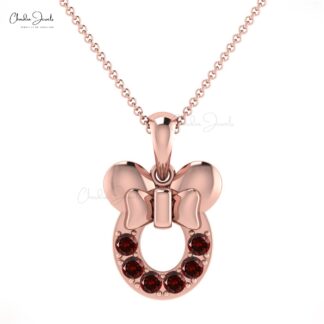 Customized Creative Kids Pendant Necklace 2mm Round Genuine Red Garnet Gemstone Mickey Mouse Pendant in 14k Solid Gold Jewelry For Gift