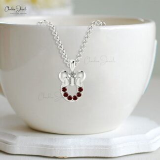 Customized Creative Kids Pendant Necklace 2mm Round Genuine Red Garnet Gemstone Mickey Mouse Pendant in 14k Solid Gold Jewelry For Gift