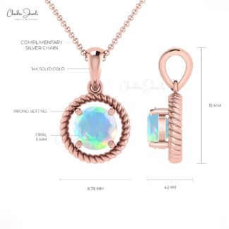 Brilliant Cut Spiral Charm With 5mm Fire Opal Prong Set In 14k Real Gold Pendant