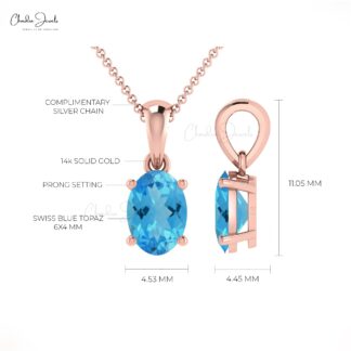 Dangle Gemstone Pendant in 14k Solid Gold Swiss Blue Topaz Minimalist Necklace