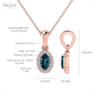 Halo Minimal Charm With 5x3mm London Blue Topaz Diamond Pendant In 14k Solid Gold