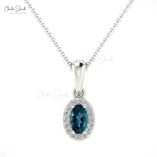 Halo Minimal Charm With 5x3mm London Blue Topaz Diamond Pendant In 14k Solid Gold