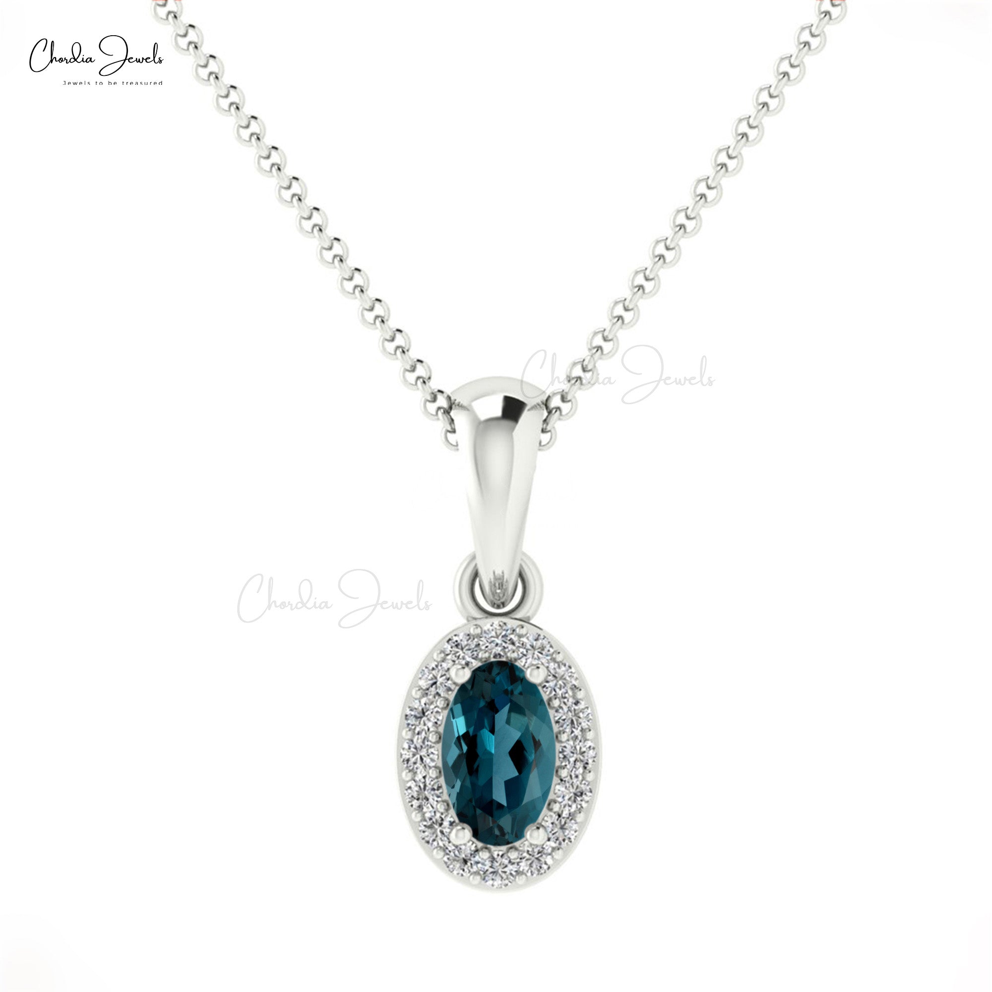 Halo Minimal Charm With 5x3mm London Blue Topaz Diamond Pendant In 14k Solid Gold