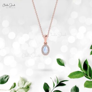 Oval Cut Dangle Pendant in 14k Real Gold Moonstone And Diamond Halo Necklace