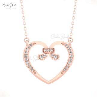 Solid 14k Gold Open Heart Necklace With 1.5mm White Diamond April Birthstone Necklaces