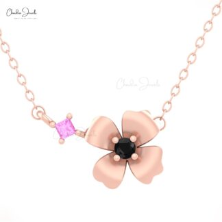 AAA Pink Sapphire Daisy Necklace With 2.5mm Diamond Floral Fine Necklace In 14k Solid Gold