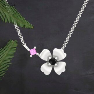 AAA Pink Sapphire Daisy Necklace With 2.5mm Diamond Floral Fine Necklace In 14k Solid Gold