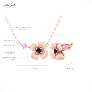 AAA Pink Sapphire Daisy Necklace With 2.5mm Diamond Floral Fine Necklace In 14k Solid Gold