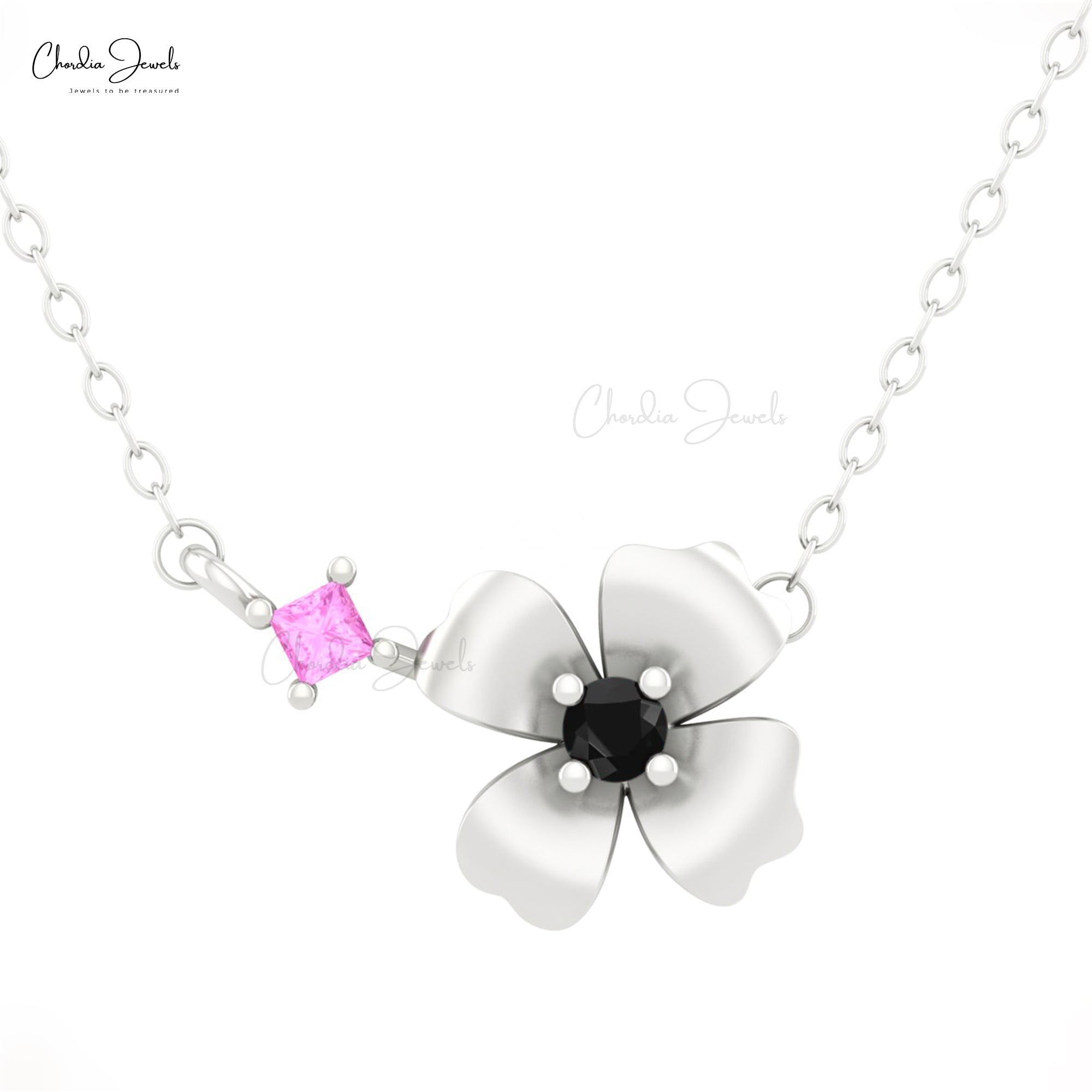 AAA Pink Sapphire Daisy Necklace With 2.5mm Diamond Floral Fine Necklace In 14k Solid Gold