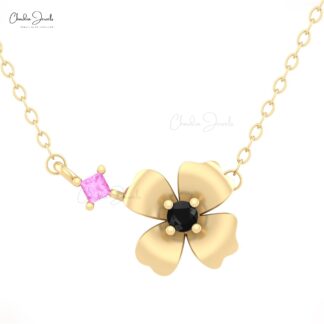 AAA Pink Sapphire Daisy Necklace With 2.5mm Diamond Floral Fine Necklace In 14k Solid Gold