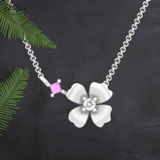 Floral Diamond Chain Necklace With 2mm Pink Sapphire Prong Set In 14k Pure Gold Necklace