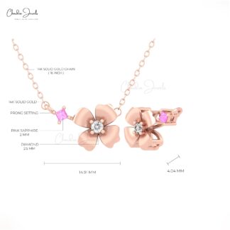 Floral Diamond Chain Necklace With 2mm Pink Sapphire Prong Set In 14k Pure Gold Necklace