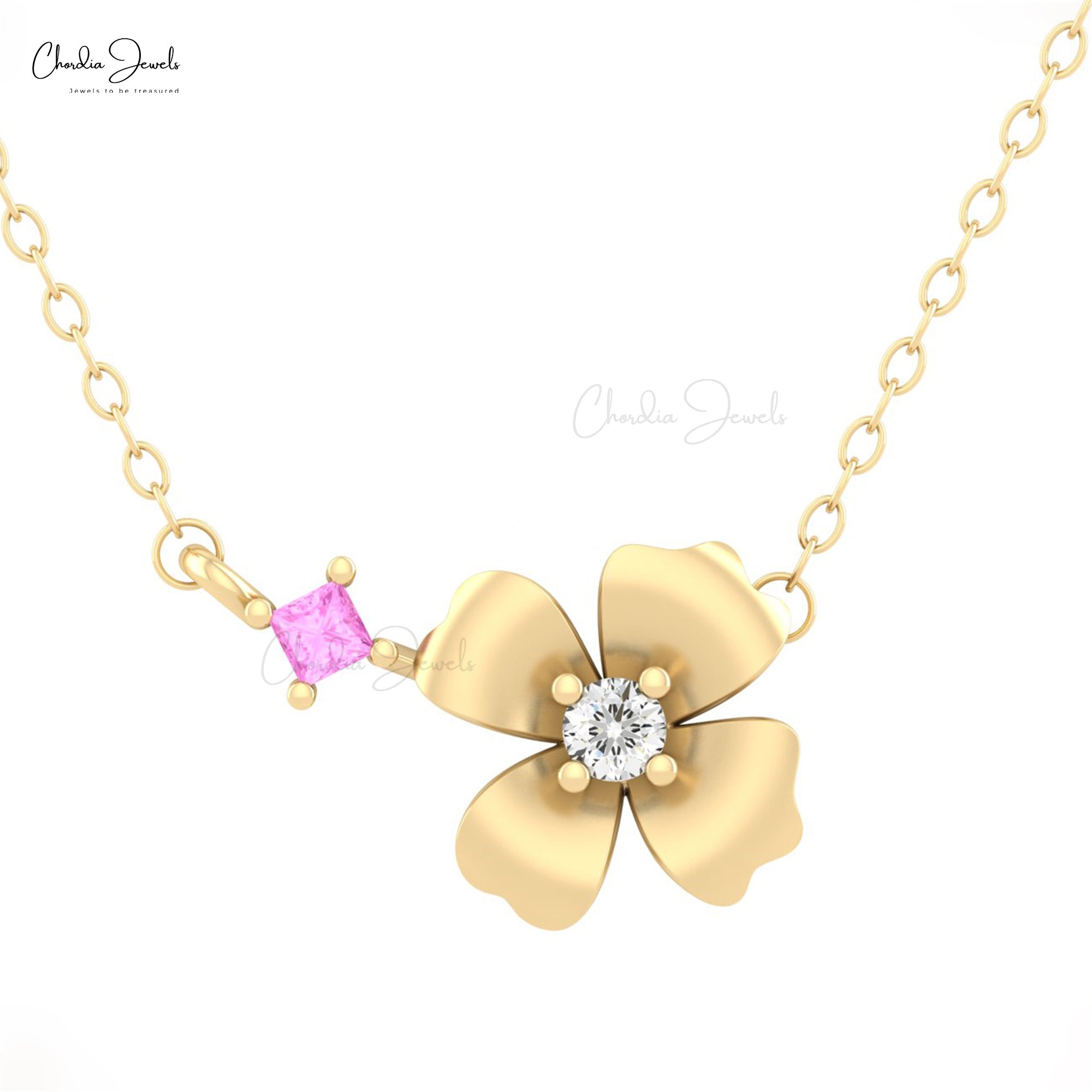 Floral Diamond Chain Necklace With 2mm Pink Sapphire Prong Set In 14k Pure Gold Necklace