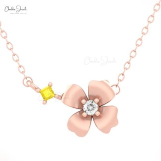 Natural Yellow Sapphire Floral Necklace In Solid 14k Gold Diamond Chain Bridal Jewelry