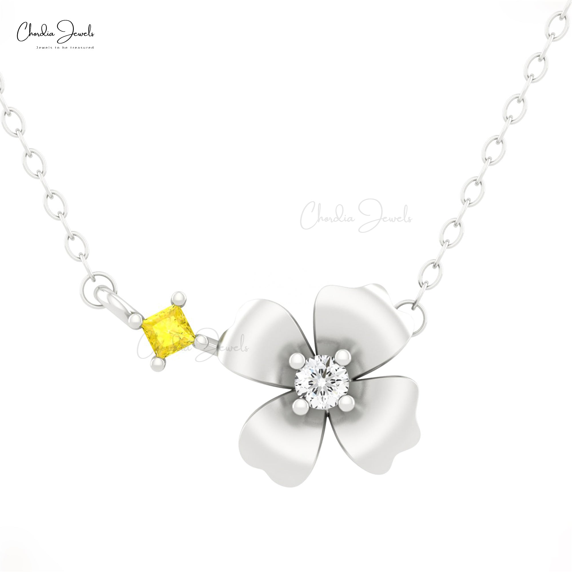 Natural Yellow Sapphire Floral Necklace In Solid 14k Gold Diamond Chain Bridal Jewelry