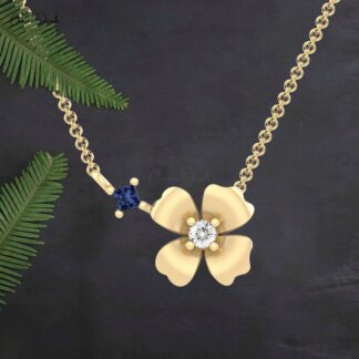 Square Cut Thin Chain Necklace With 2mm Blue Sapphire Diamond Floral Women Necklace
