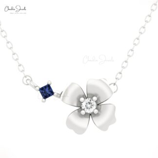 Square Cut Thin Chain Necklace With 2mm Blue Sapphire Diamond Floral Women Necklace