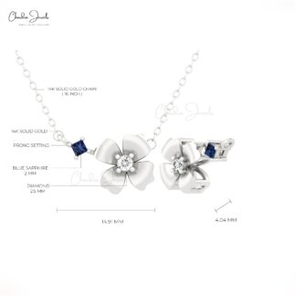 Square Cut Thin Chain Necklace With 2mm Blue Sapphire Diamond Floral Women Necklace