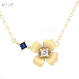 Square Cut Thin Chain Necklace With 2mm Blue Sapphire Diamond Floral Women Necklace