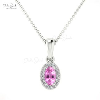 Pure 14k Gold Halo Charm With 5x3mm Pink Sapphire Diamond Dangle Pendant