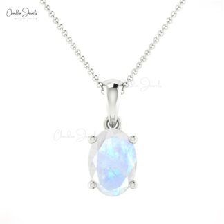Solid 14k Gold Solitaire Charm With 7x5mm Rainbow Moonstone Hallmark Pendant