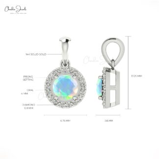 Natural Fire Opal Halo Pendant With Pave Diamond 14k Solid Gold Minimalist Necklace