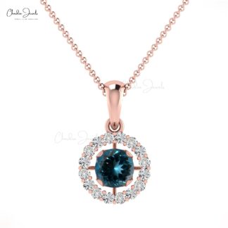 Pure 14k Gold Dangle Charm With 4mm London Blue Topaz Diamond Halo Pendant