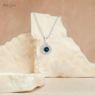 Pure 14k Gold Dangle Charm With 4mm London Blue Topaz Diamond Halo Pendant
