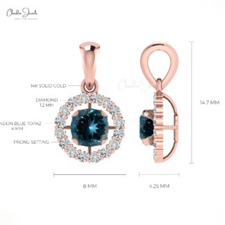 Pure 14k Gold Dangle Charm With 4mm London Blue Topaz Diamond Halo Pendant