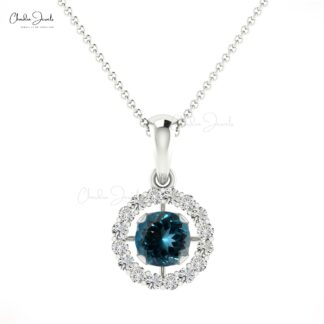 Pure 14k Gold Dangle Charm With 4mm London Blue Topaz Diamond Halo Pendant
