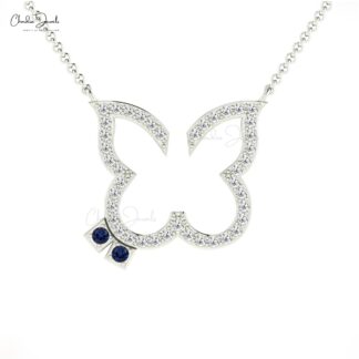 Real 14k Gold Butterfly Necklace With 0.06 Ct Blue Sapphire And Diamond Thin Chain Necklaces