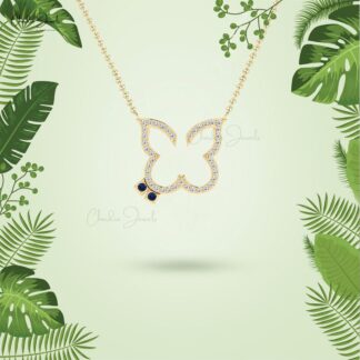 Real 14k Gold Butterfly Necklace With 0.06 Ct Blue Sapphire And Diamond Thin Chain Necklaces