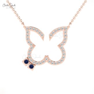 Real 14k Gold Butterfly Necklace With 0.06 Ct Blue Sapphire And Diamond Thin Chain Necklaces